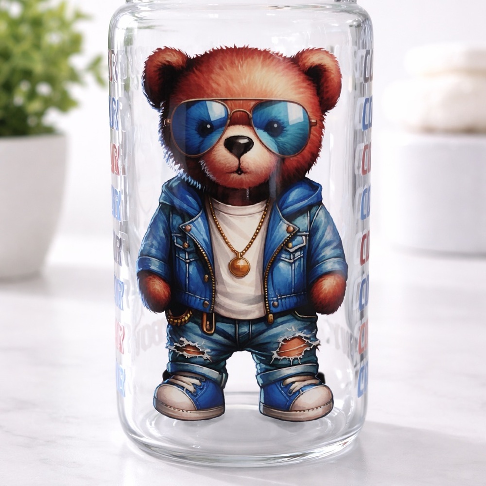 Cowboy Bear Glass Tumbler with Blue Jacket Design